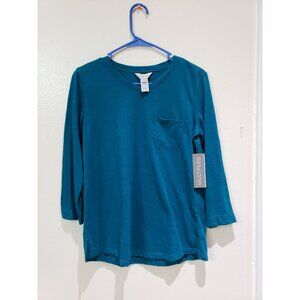 Multiples burnout, jersey knit top, high V neck, blue, size XS